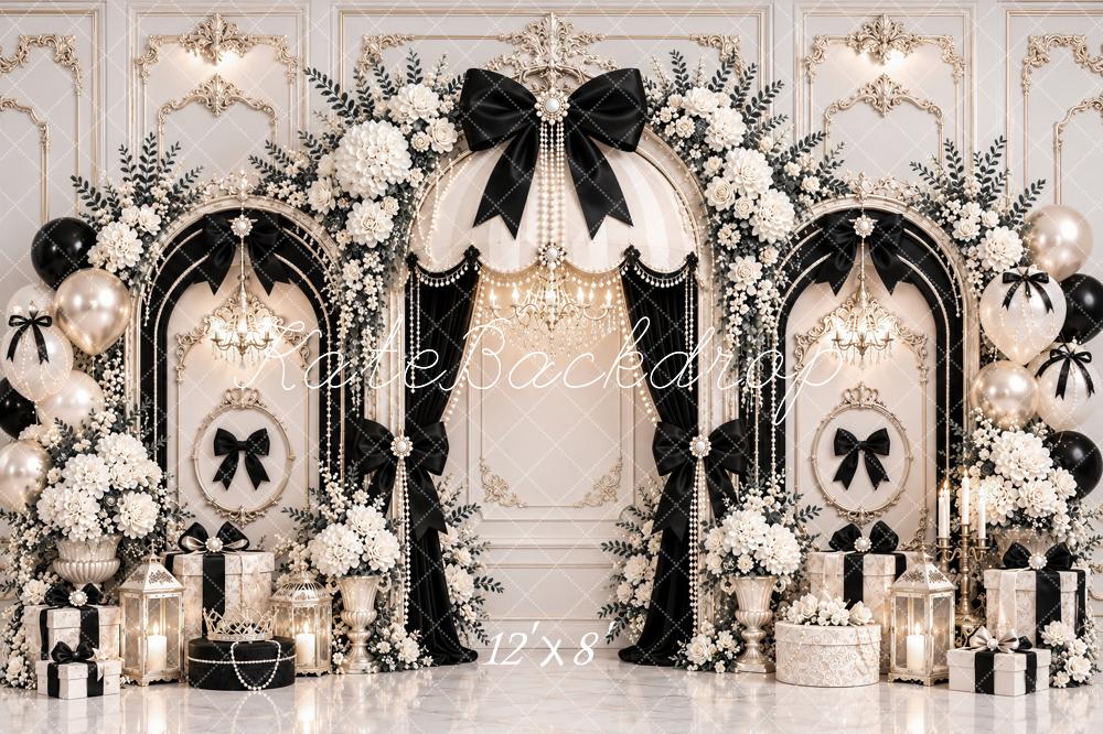 Kate Elegant Black Bow Flower Arch White Vintage Wall Printed Backdrop Designed by Ashley Paul