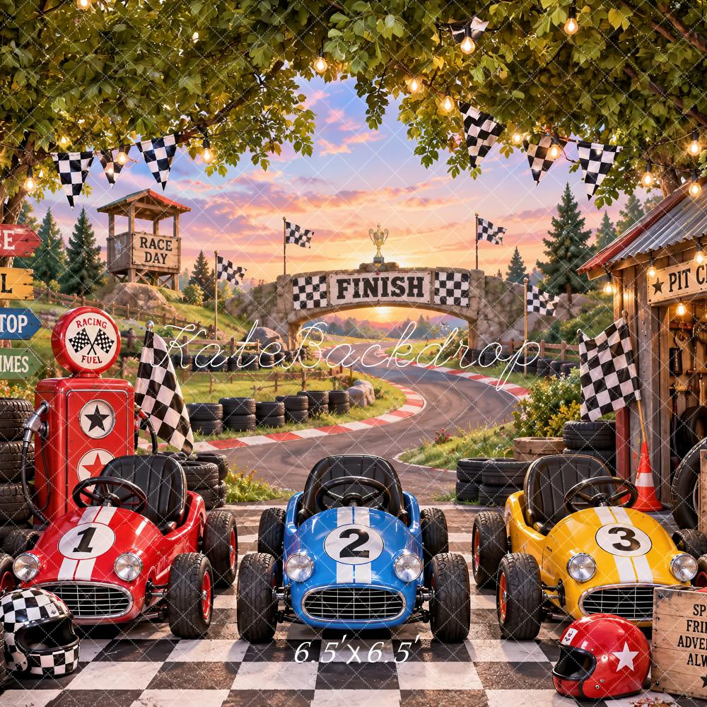 Kate Cake Smash Race Car Pit Stop Checkered Flags Printed Backdrop Designed by Laura Bybee