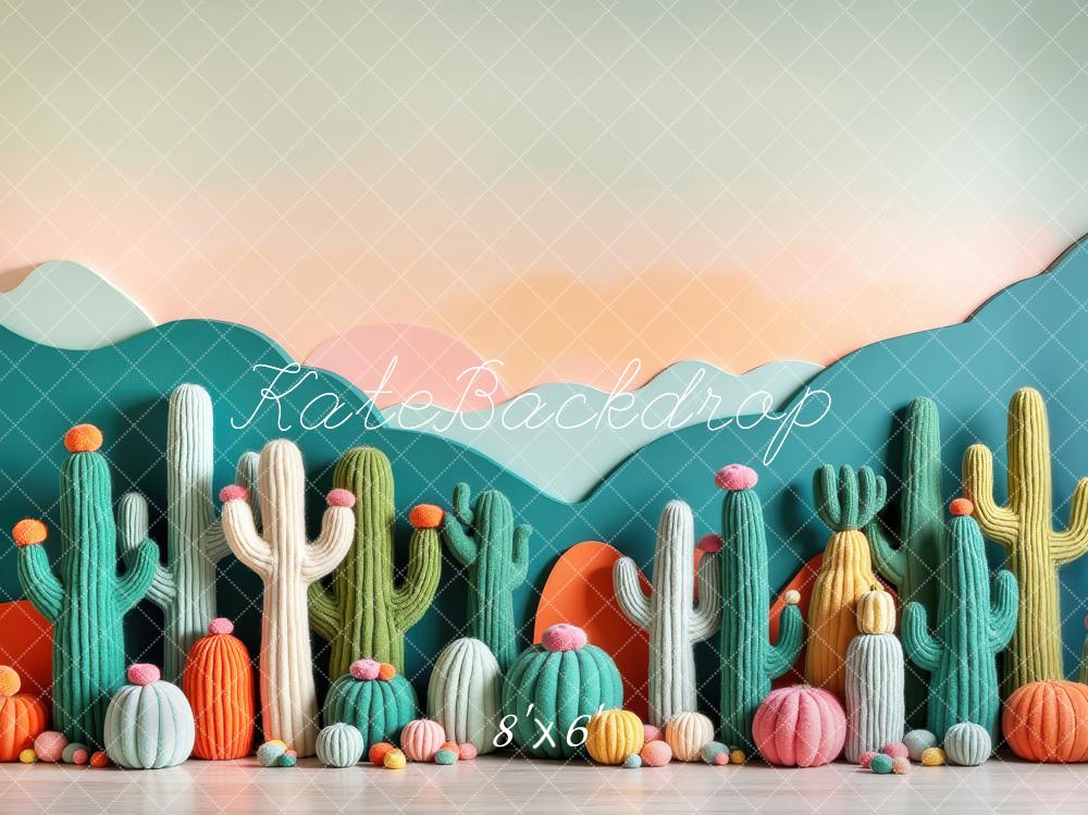 Kate Colorful Cactus Pumpkin Mountains Printed Backdrop Designed by Laura Bybee