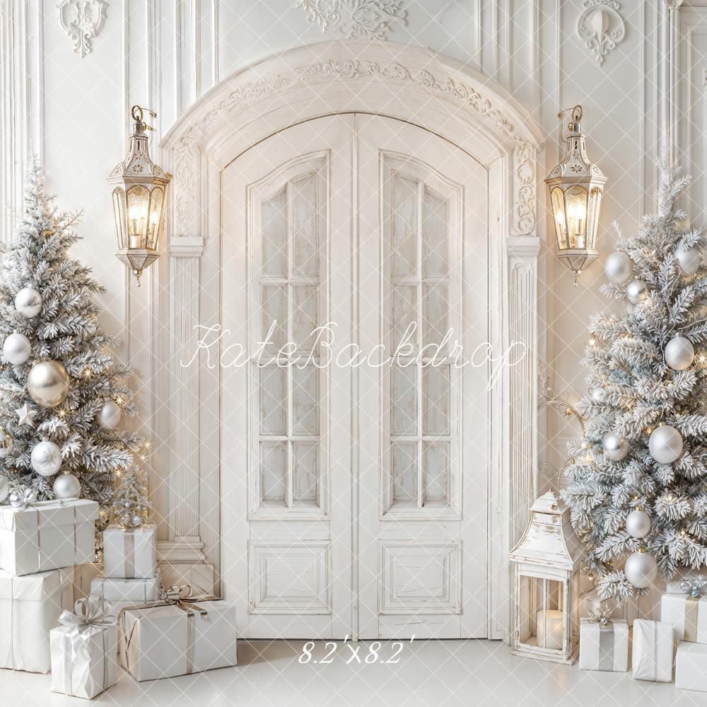 Kate Christmas White Door Frosted Trees Presents Lanterns Backdrop Designed by Emetselch