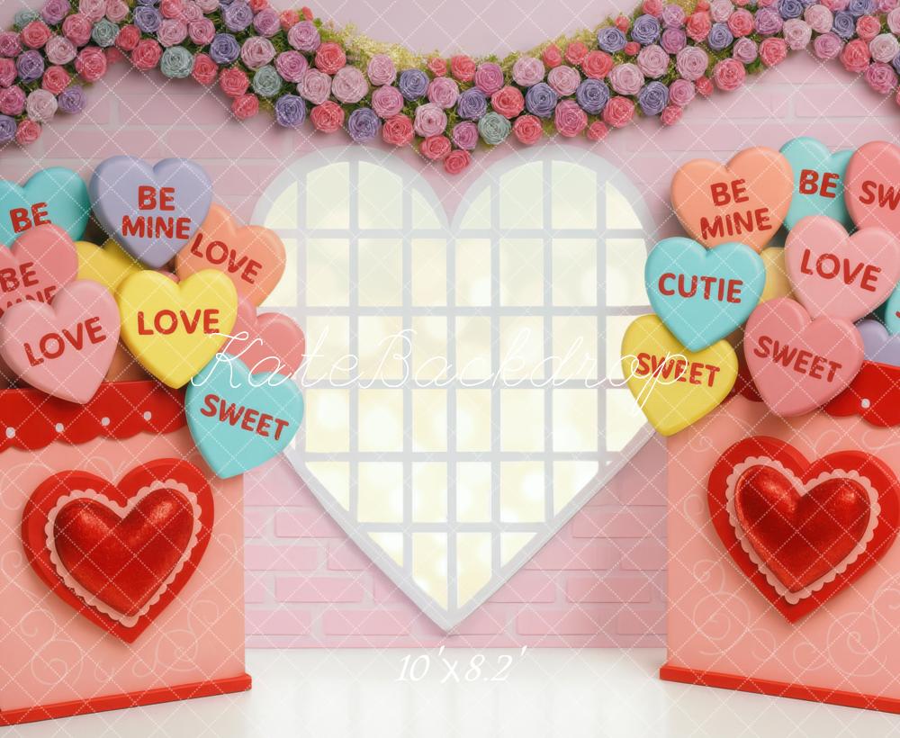 Kate Valentine's Day Candy Hearts Heart Window Flower Garland Backdrop Designed by Mini MakeBelieve
