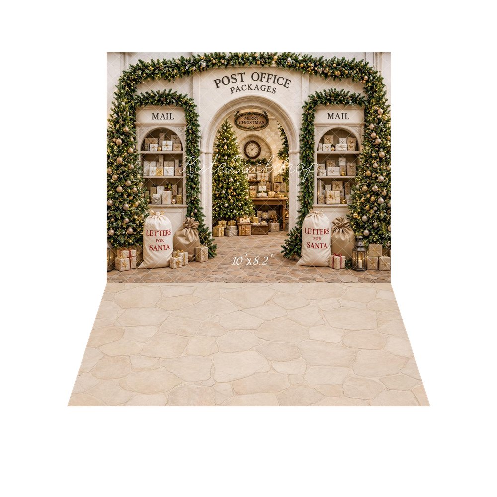 Kate Christmas Post Office Packages Christmas Trees Letters for Santa Printed Backdrop+Beige Cobblestone Floor Printed Backdrop