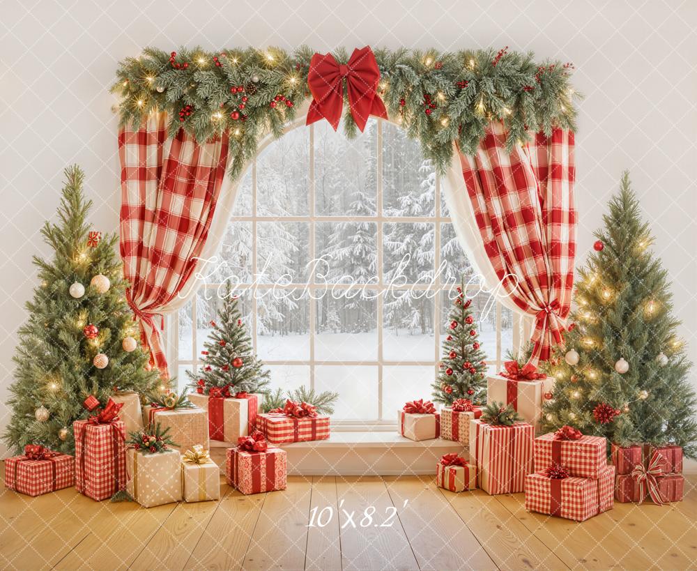 Kate Christmas Red Plaid Curtains Window Pine Trees Gift Boxes Backdrop Designed by Emetselch