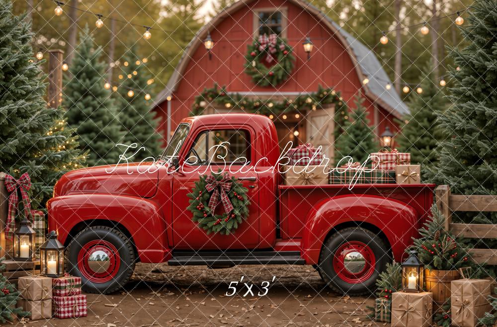 Kate Christmas Red Truck Barn Printed Backdrop Designed by Emetselch
