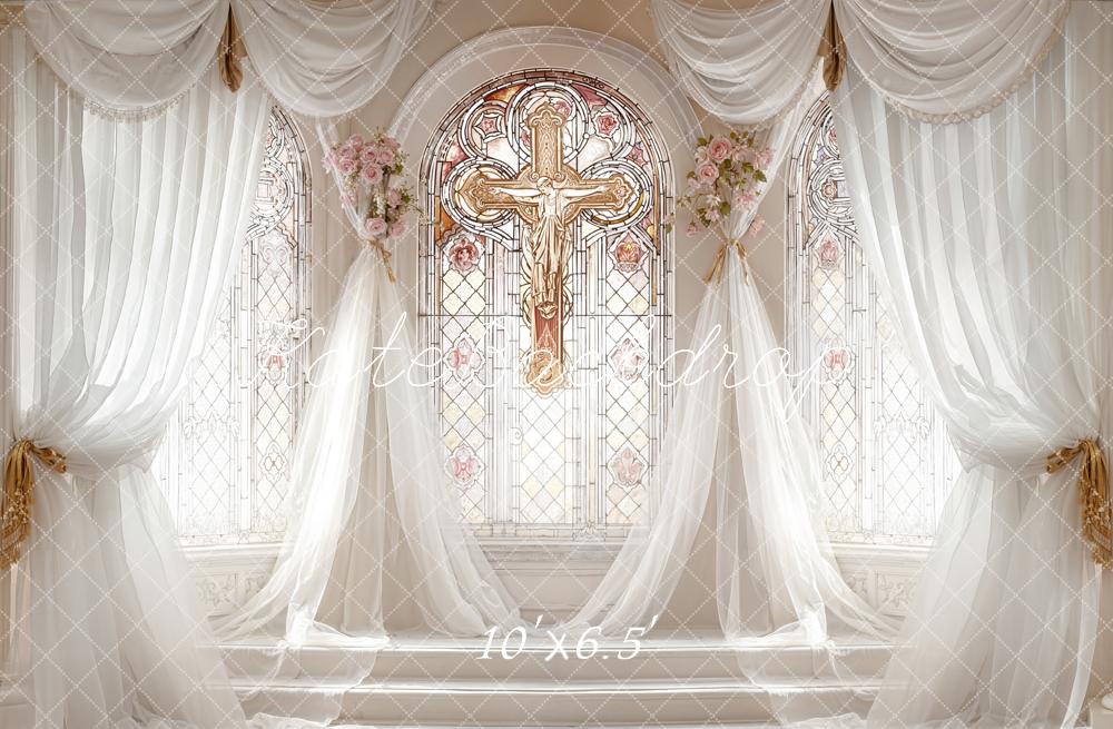 Kate Wedding Church Stained Glass Cross Drapes Flowers Backdrop Designed by Emetselch