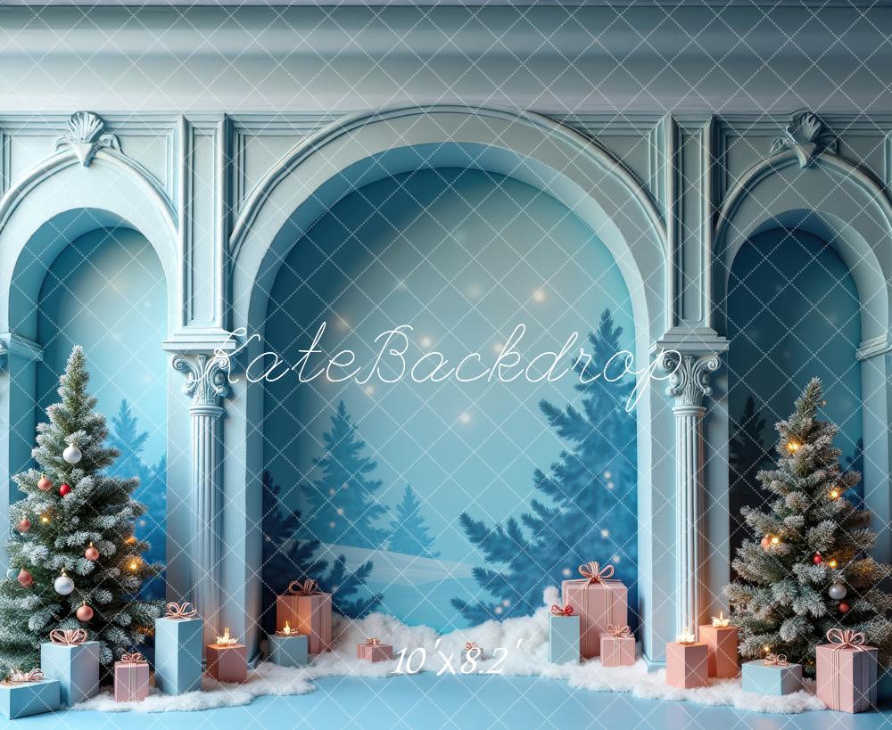 Kate Christmas Tree Arch Blue Wall Gifts Backdrop Designed by Laura Bybee