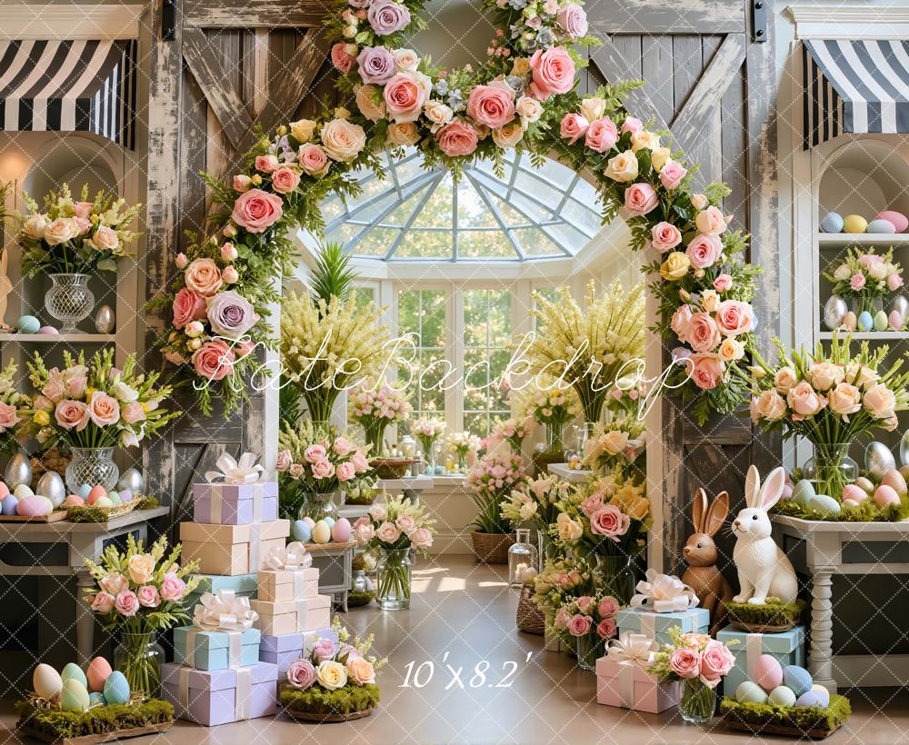 Kate Easter Bunny Flower Arch Pastel Eggs Printed Backdrop Designed by Mini MakeBelieve
