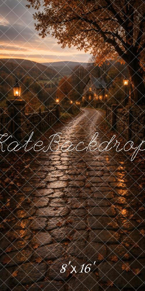 Kate Sweep Fall Cobblestone Country Path Lamp Posts Printed Backdrop Designed by Vertigo Productions