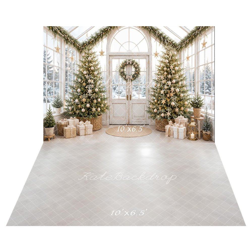 Kate Christmas Greenhouse Gold Star Trees Wreath Presents Printed Backdrop+Light Gray Glossy Floor Printed Backdrop