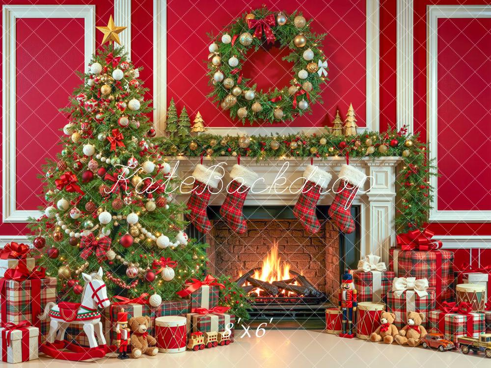 Kate Christmas Red Fireplace Christmas Tree Wreath Plaid Printed Backdrop Designed by Mini MakeBelieve