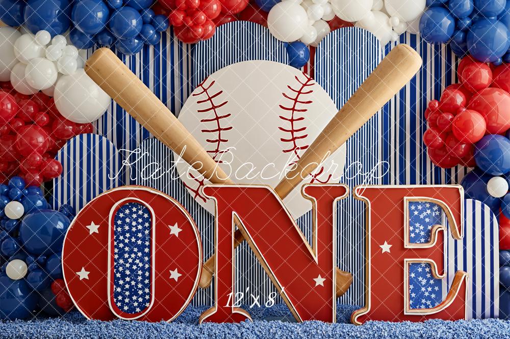 Kate Cake Smash Baseball Bats Balloons ONE Letters Red White Blue Printed Backdrop Designed by Emetselch