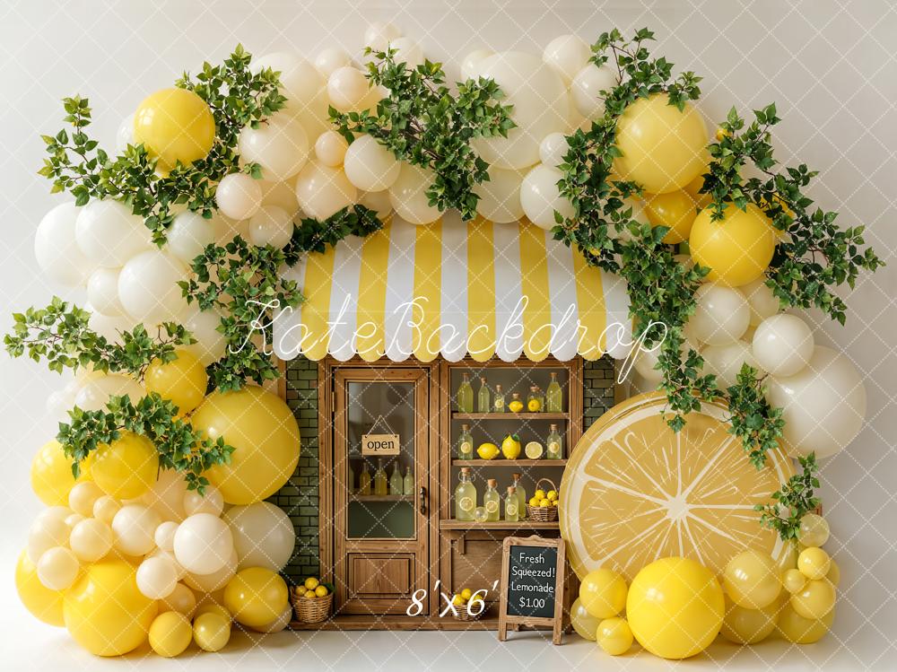 Kate Summer Lemonade Stand Yellow Balloons Greenery Lemons Printed Backdrop Designed by Emetselch