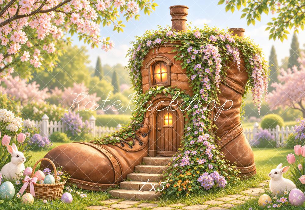 Kate Easter Boot House Bunny Flower Garden Printed Backdrop Designed by Emetselch