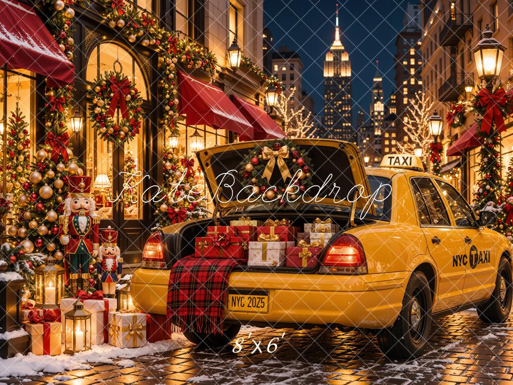 Kate Christmas Urban Yellow Taxi Gift City Street Shop Printed Backdrop Designed by Emetselch