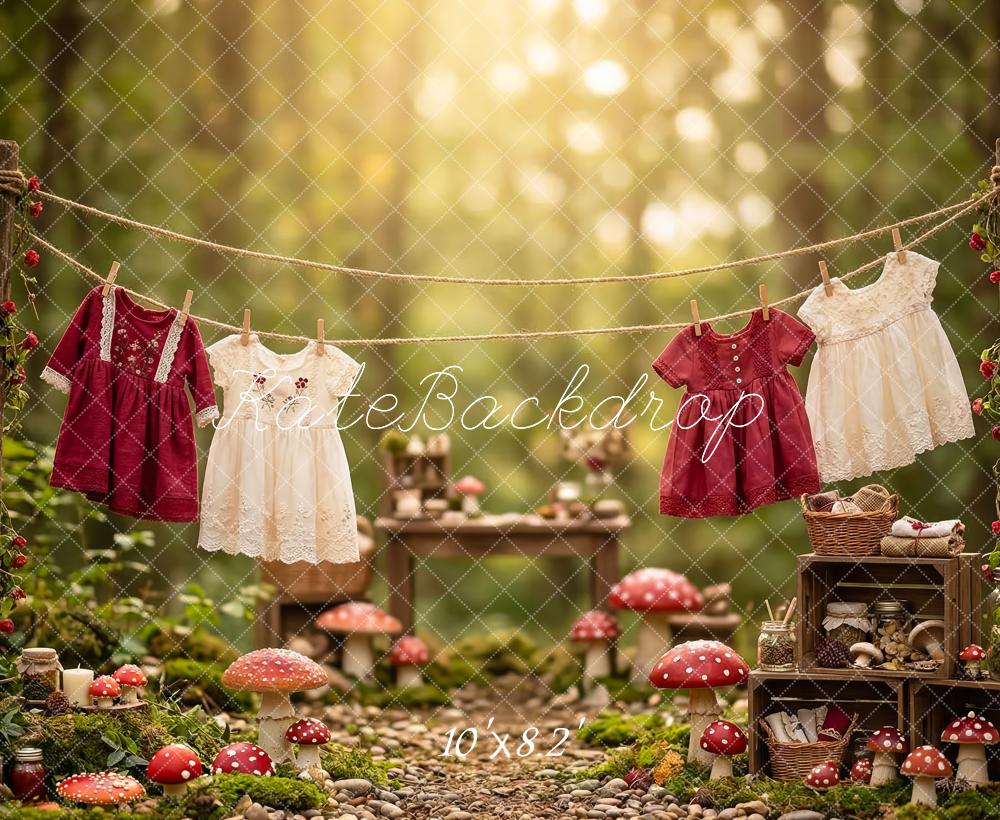 Kate Forest Clothesline Mushrooms Picnic Dress Printed Backdrop Designed by Patty Roberts