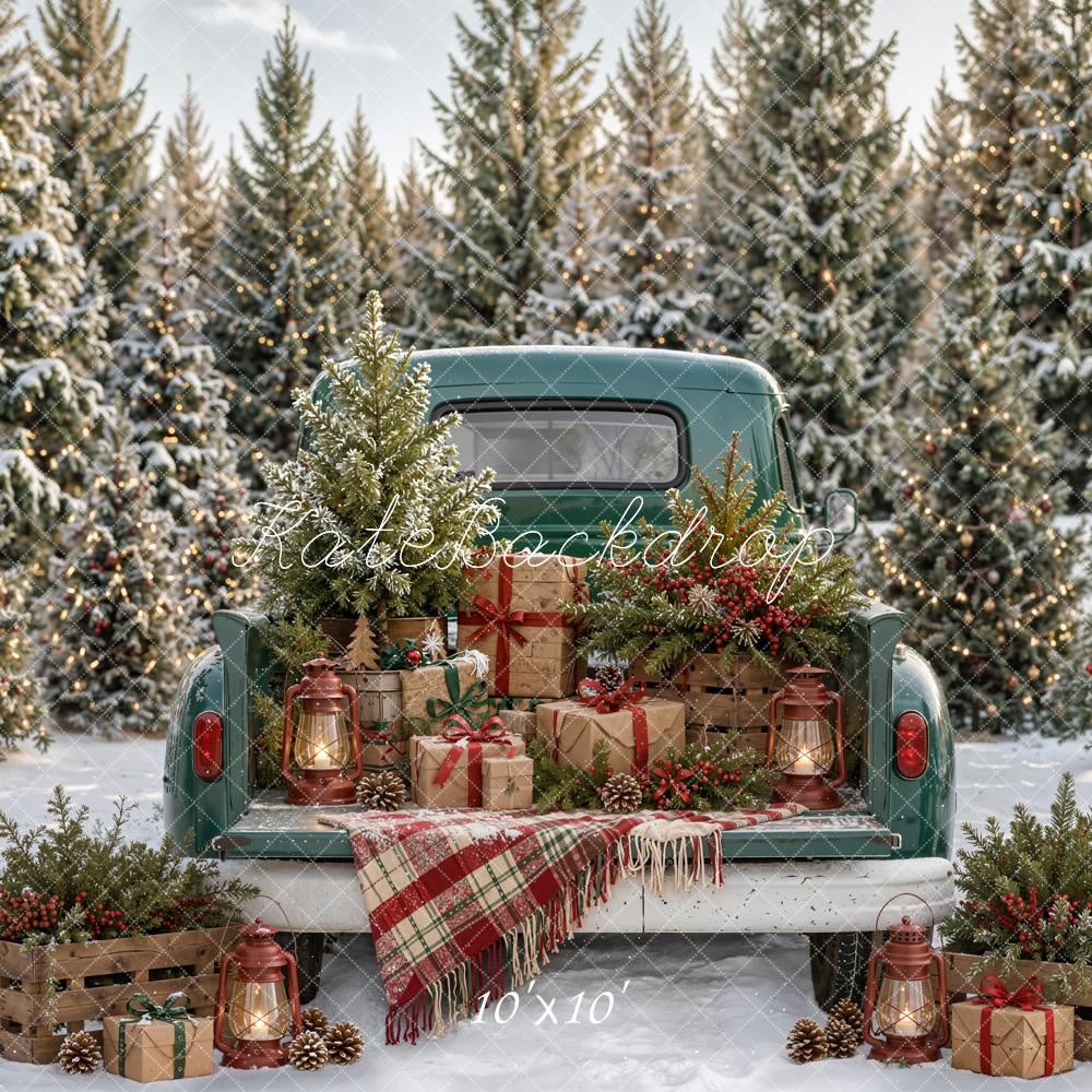 Kate Christmas Truck Gifts Pine Trees Plaid Blanket Snow Printed Backdrop Designed by Emetselch
