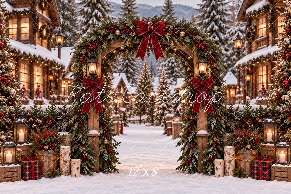 Kate Christmas Snowy Village Arch Garland Red Bow Printed Backdrop Designed by Ashley Paul