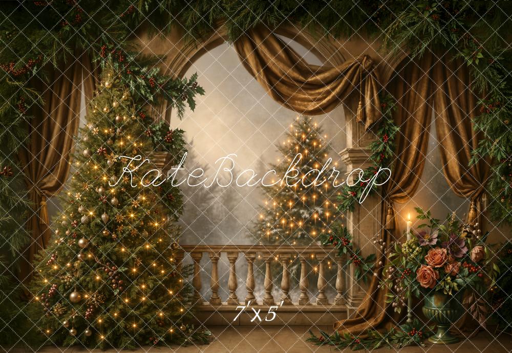 Kate Christmas Tree Vintage Balcony Garland Gold Curtains Flowers Printed Backdrop Designed by Chain Photography