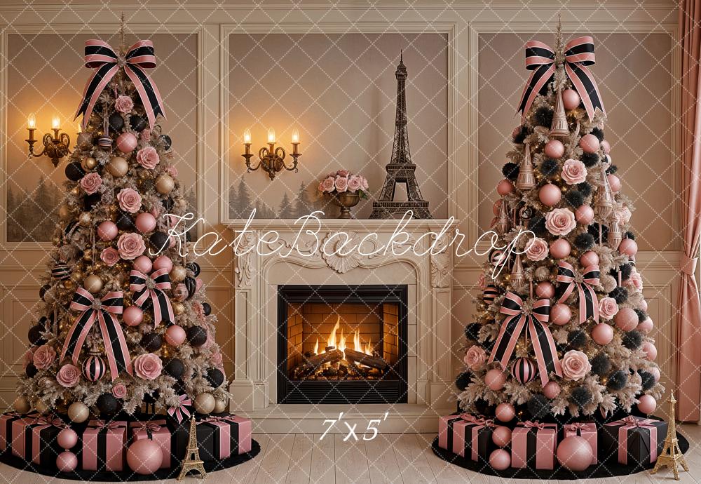 Kate Christmas Tree Pink Eiffel Tower Fireplace Chic Backdrop Designed by Ashley Paul