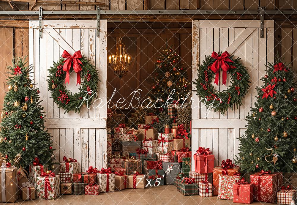 Christmas White Barn Doors Wreaths Trees Gifts Backdrop Designed by Emetselch