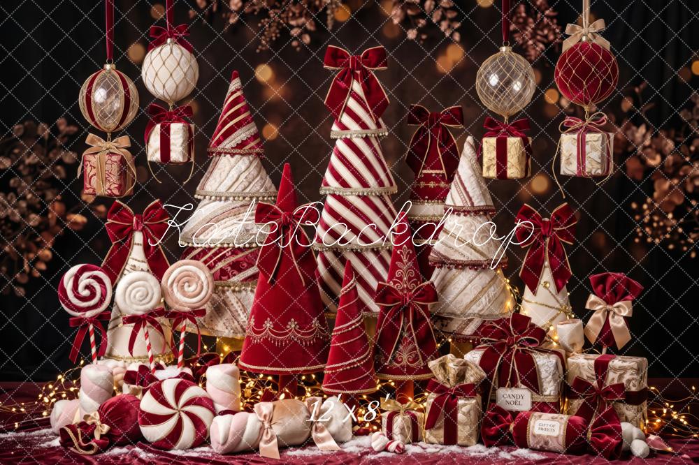 Kate Christmas Candy Cane Trees Red Velvet Ornaments Gifts Printed Backdrop Designed by Patty Roberts