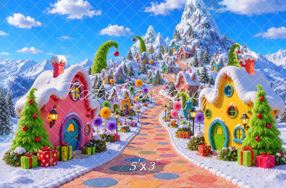 Kate Christmas Whimsical Whoville Candy Village Snowy Mountains Printed Backdrop Designed by Mini MakeBelieve