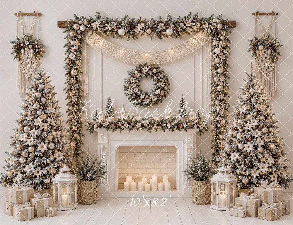 Kate Christmas Fireplace Boho Poinsettia Garland White Trees Gifts Printed Backdrop Designed by Emetselch