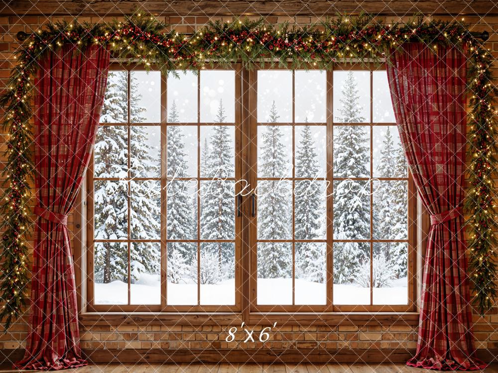 Kate Christmas Window Red Curtains Garland Snowy Trees Printed Backdrop Designed by Emetselch