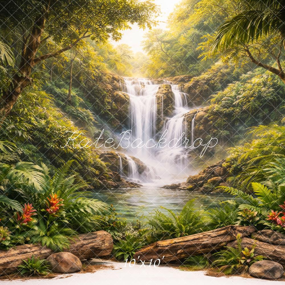 Kate Jungle Waterfall Logs Tropical Plants Printed Backdrop Designed by Megan Leigh Photography