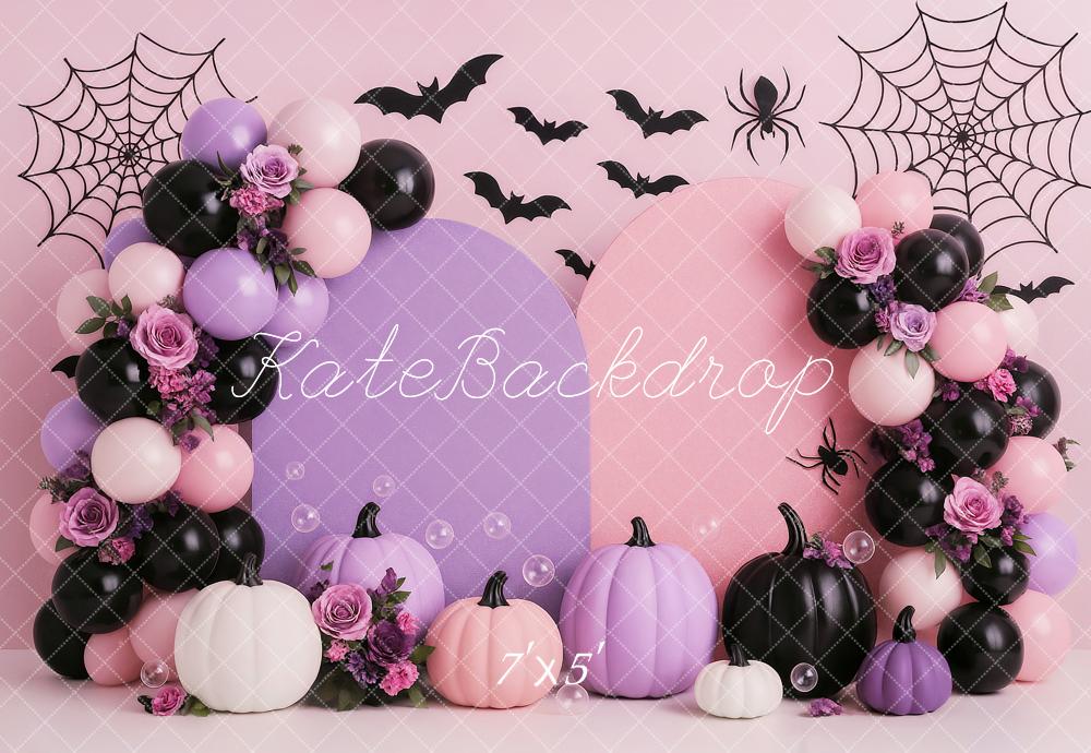 Kate Halloween Pink Purple Balloons Pumpkins Bats Spiderwebs Backdrop Designed by Ashley Paul