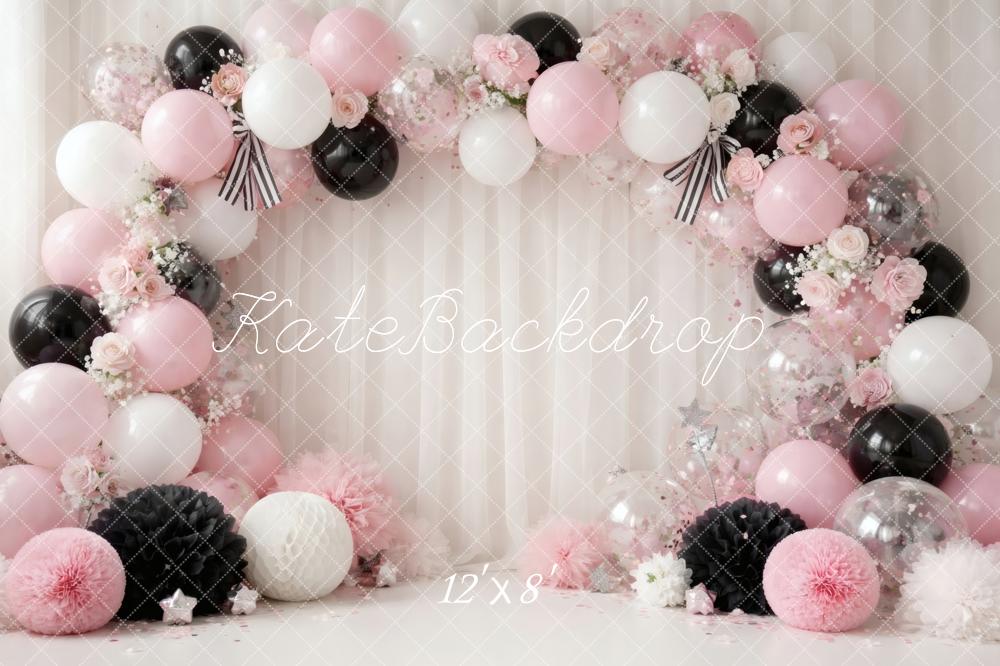 Kate Cake Smash Pink Black White Balloon Flower Arch Printed Backdrop Designed by Vertigo Productions