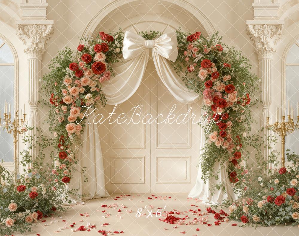 Kate Valentines Flower Arch Bow Ivory Columns Roses Indoor Backdrop Designed by Emetselch