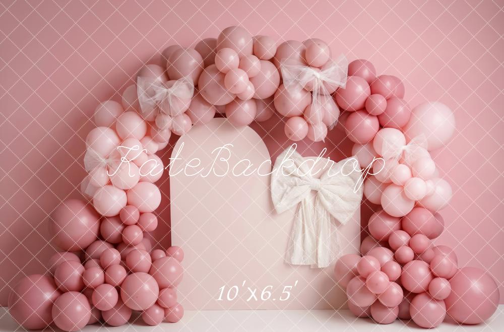 TEST Kate Cake Smash Pink Balloon Arch and White Bow Printed Backdrop Designed by Patty Roberts