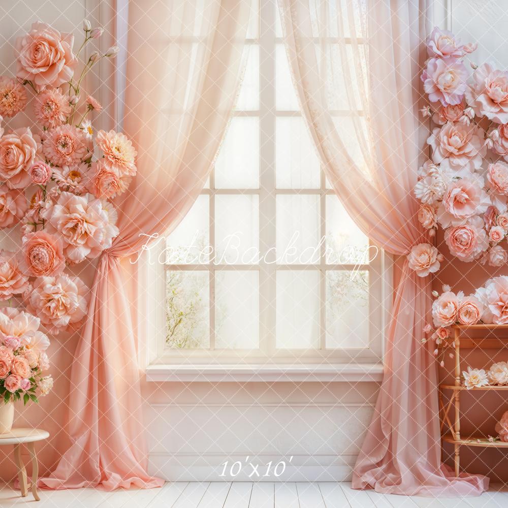 Kate Spring Blush Flower Arch Window Pink Curtains Printed Backdrop Designed by Emetselch