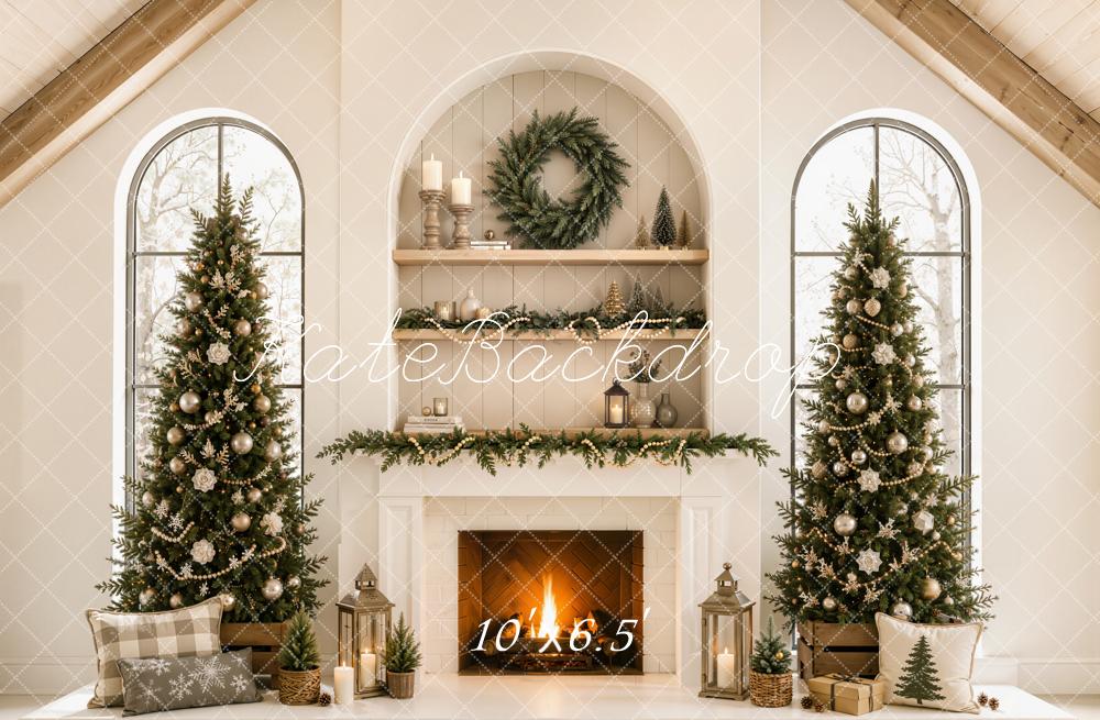 Kate Christmas Beige Fireplace Trees Mantel Gable Roof Printed Backdrop Designed by Emetselch