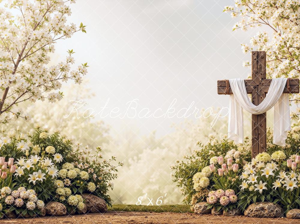 Kate Easter Cross Floral Garden Draped Fabric Printed Backdrop Designed by Shutter Swan Studios