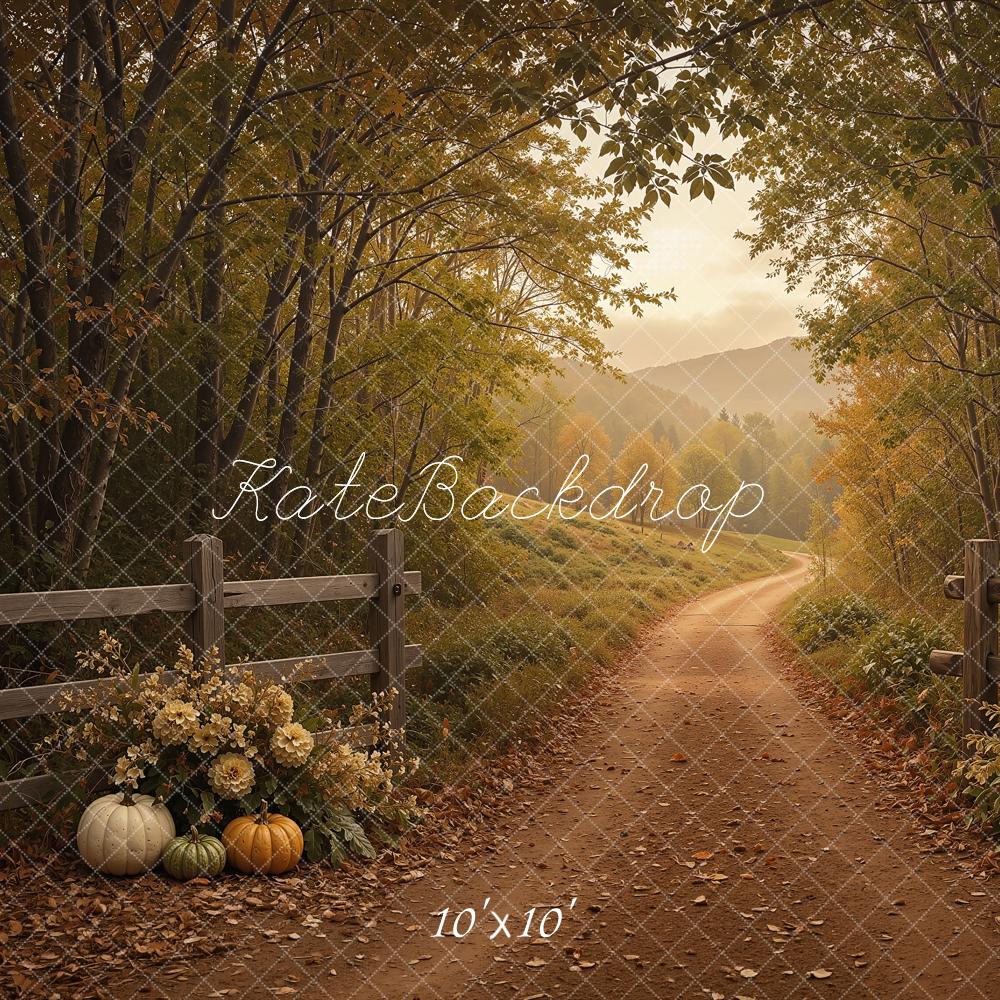 Kate Fall Forest Path Pumpkins Mountains Printed Backdrop Designed by Shutter Swan Studios