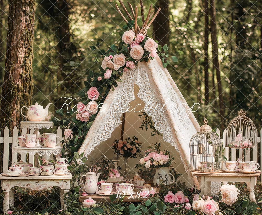 Kate Boho Teapot Party Floral Forest Backdrop Designed by Ashley Paul