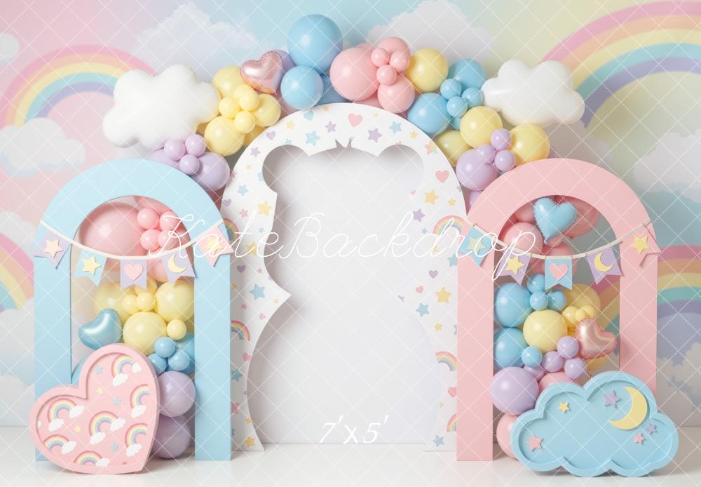 Kate Cake Smash Pastel Rainbow Balloon Heart Cloud Arches Printed Backdrop Designed by Mini MakeBelieve