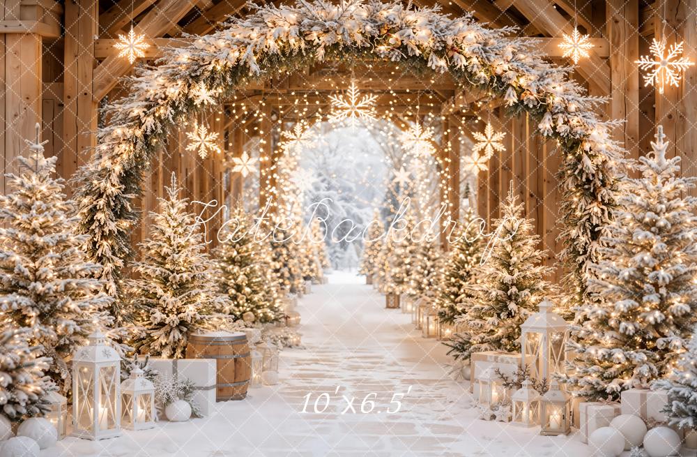 Kate Christmas Snowy Evergreen Lighted Archway Trees Printed Backdrop Designed by Emetselch