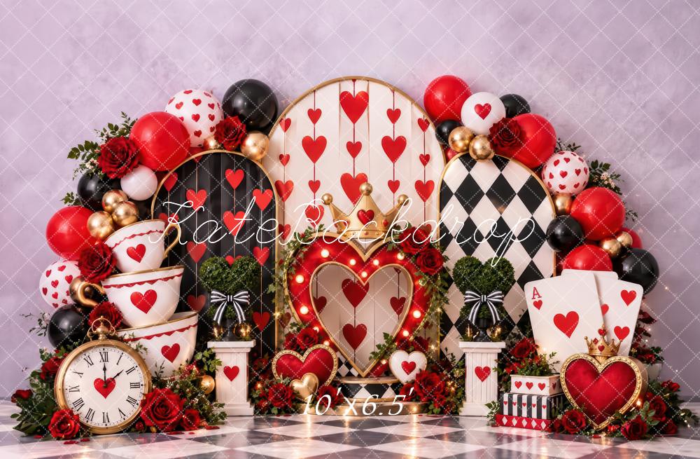 Kate Valentine's Day Red Hearts Balloons Roses Checkerboard Printed Backdrop Designed by Laura Bybee