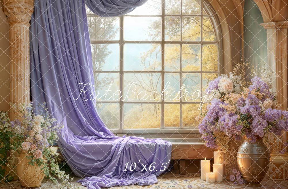 Kate Spring Lavender Curtain Window Floral Columns Candles Backdrop Designed by Emetselch