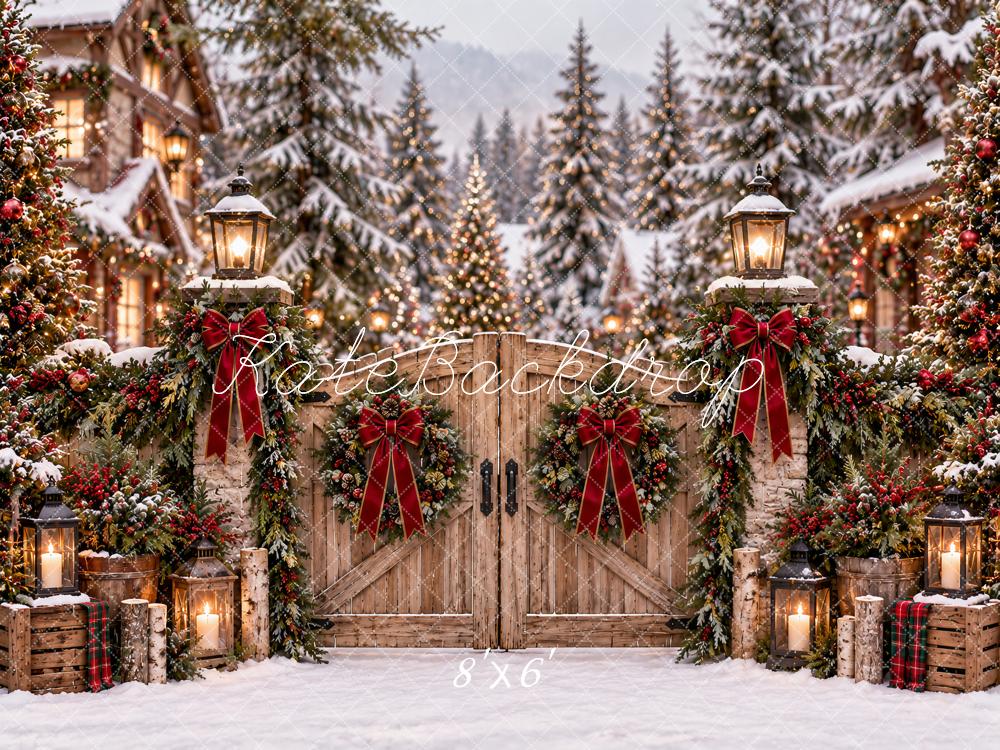 Kate Christmas Wooden Gate Snowy Village Red Bows Trees Printed Backdrop Designed by Ashley Paul