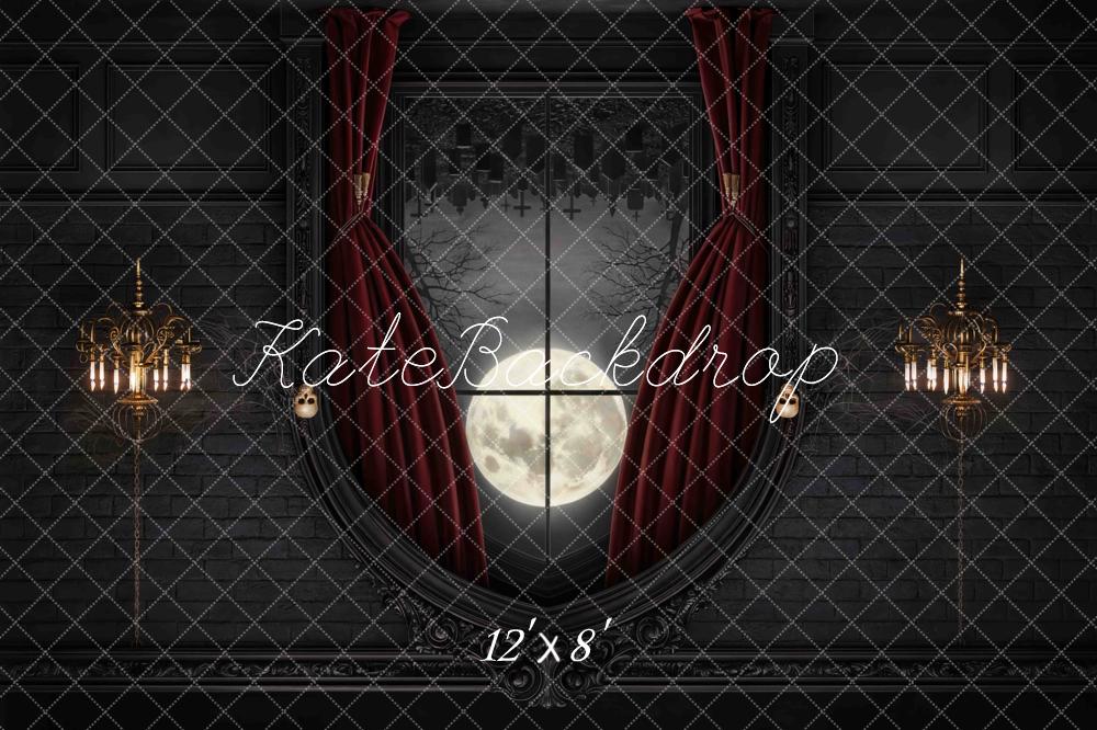 Kate Halloween Vampire Gothic Window Full Moon Red Curtain Printed Backdrop Designed by Mini MakeBelieve