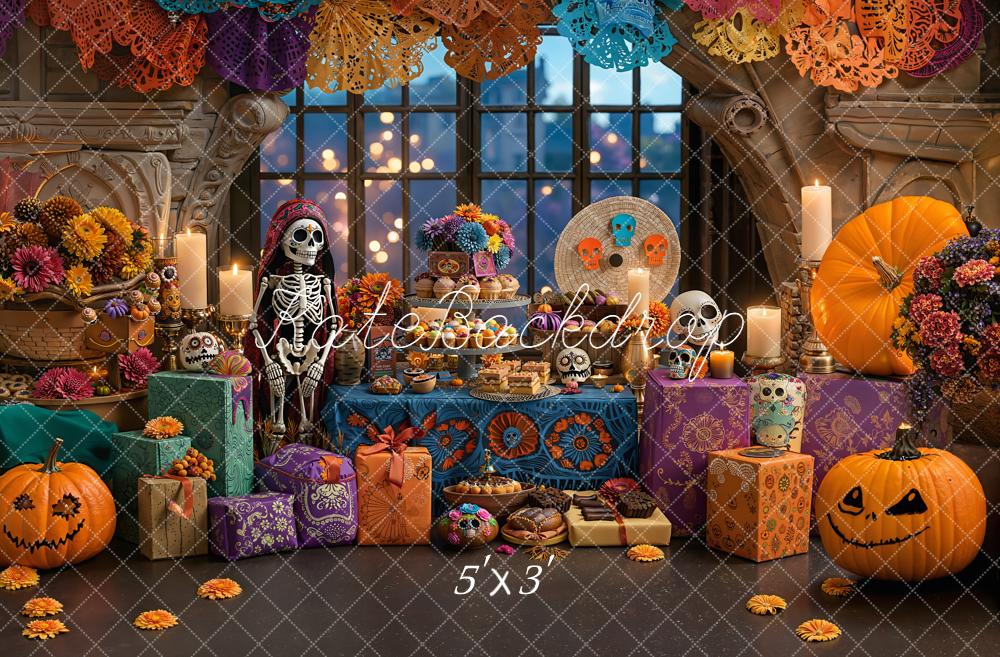Kate Halloween Day Of The Dead Skeleton Colorful Pumpkins Floral Backdrop Designed by Emetselch