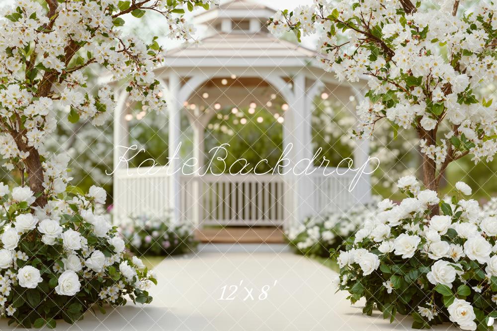 Kate Spring White Gazebo Blossom Trees Roses Backdrop Designed by Emetselch