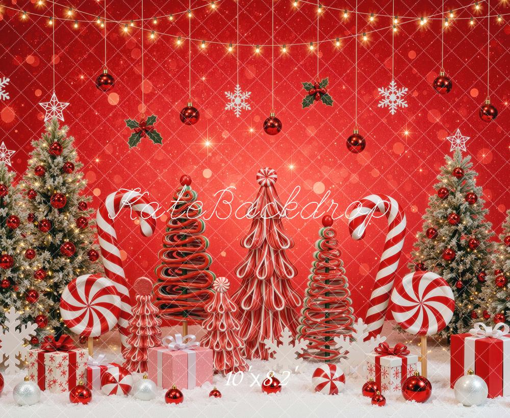 Kate Christmas Tree Red Candy Cane Gifts Snowflakes Holiday Printed Backdrop Designed by Mini MakeBelieve