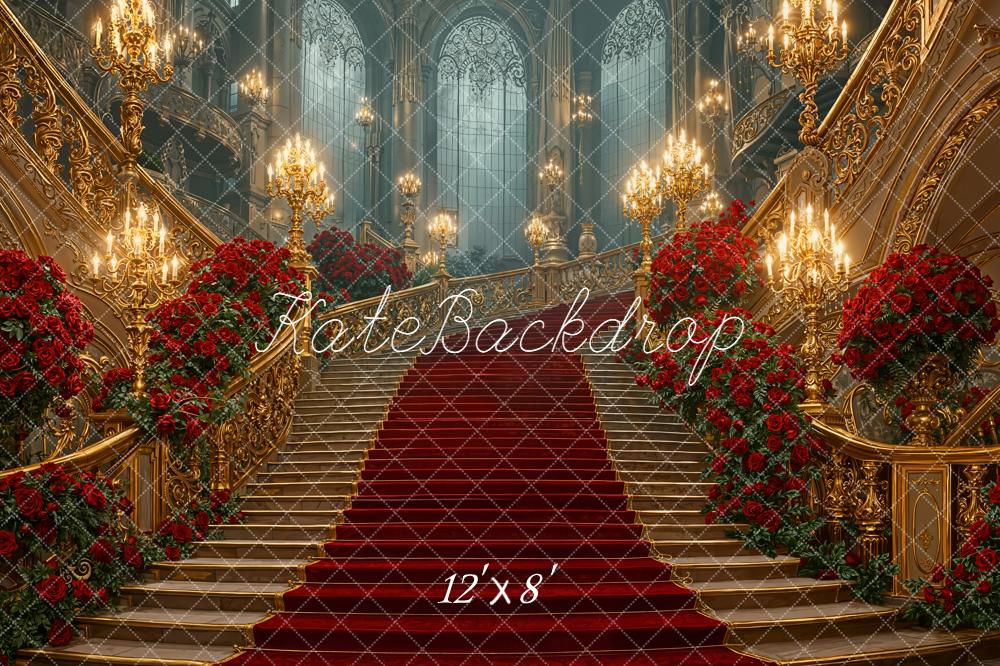 Kate Valentines Cascading Stairs Red Roses Gold Chandeliers Backdrop Designed by Emetselch