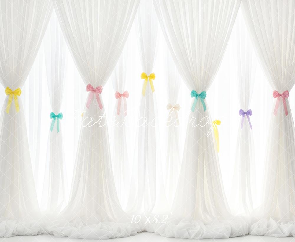 Kate White Sheer Curtains Pastel Bows Backdrop Designed by Patty Roberts