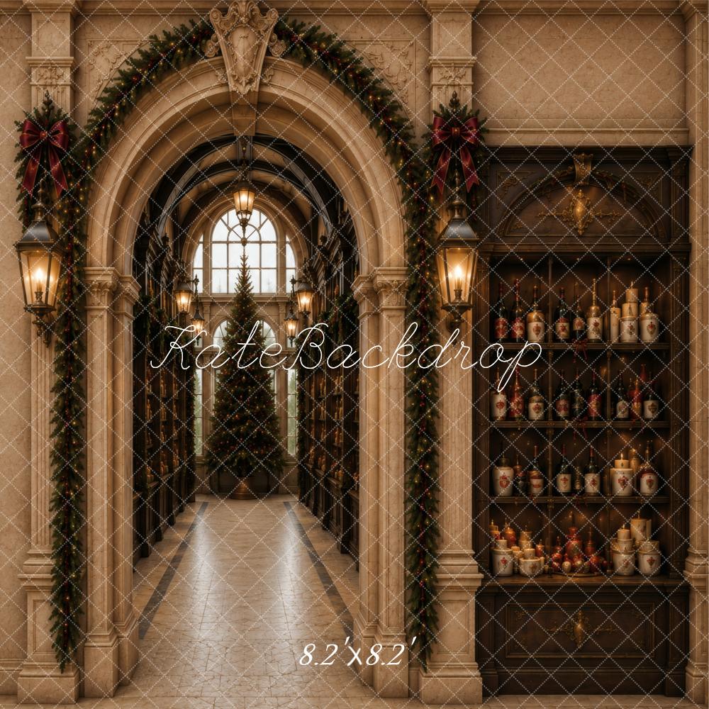 Kate Christmas Archway Garland Tree Candle Cabinet Printed Backdrop Designed by Vertigo Productions